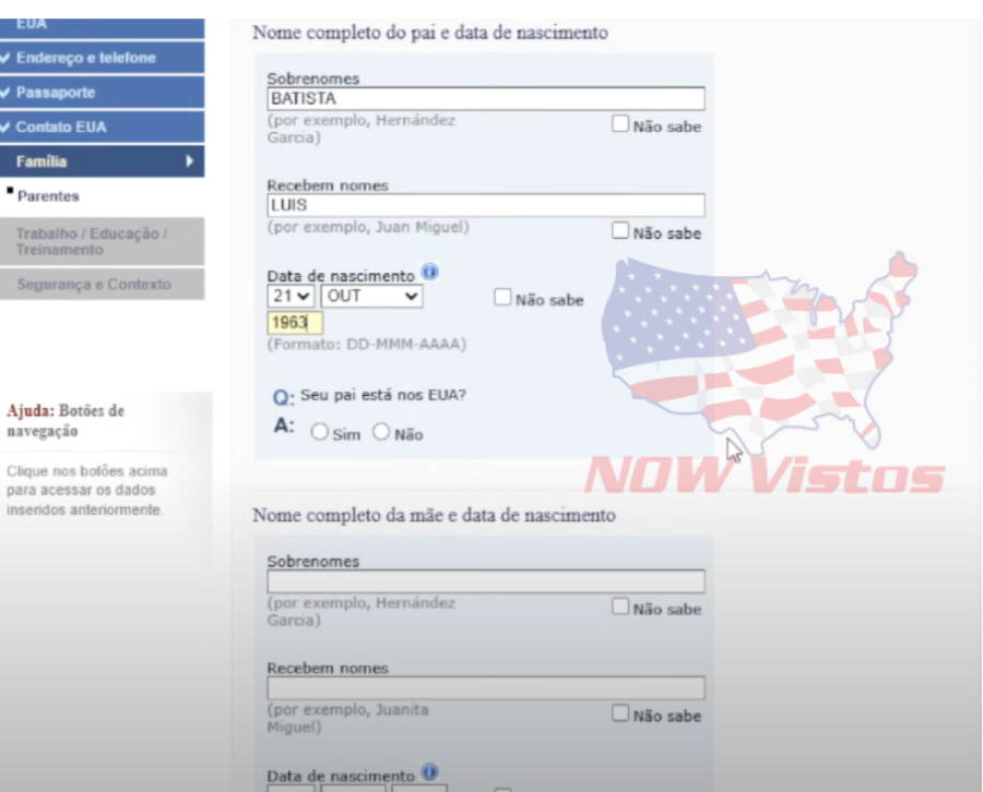 Imagem Artigo 02 abril 2025 início do DS///DS-160 formulário Visto Americano passo a passo dados dos pais